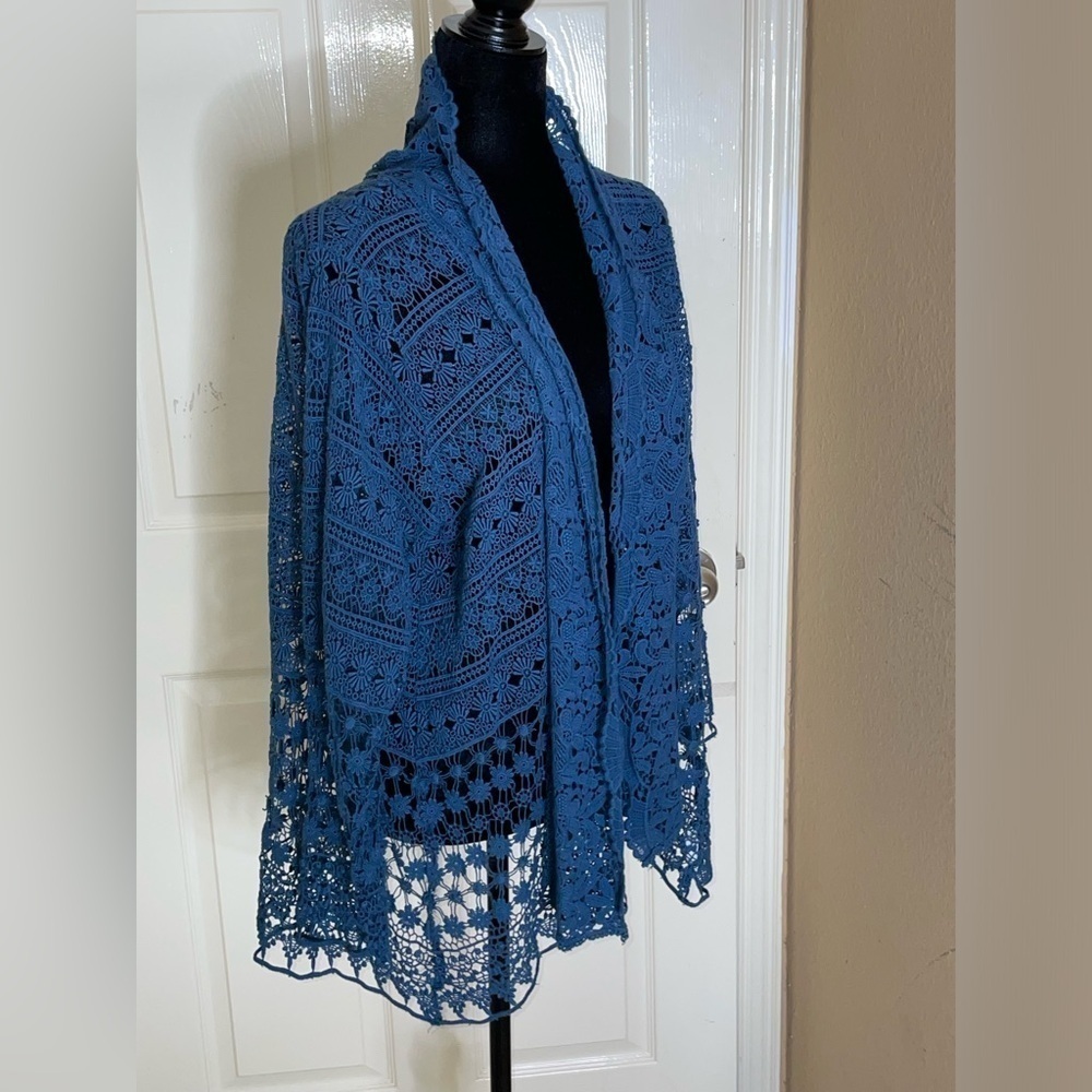 Johnny Was Crochet Lace Open Cardigan Waterfall Blue Crochet Hem sz M